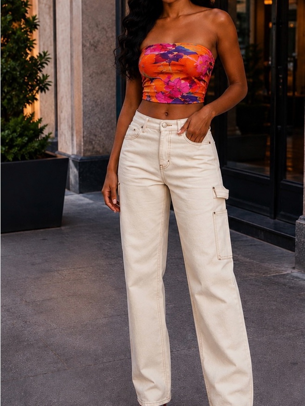 High-Rise Straight Leg Cargo Jeans in Cream for Women